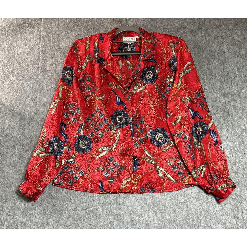 Vintage Peters & Ashley Blouse Women 10 Red Geometric Satin Collared Long Sleeve